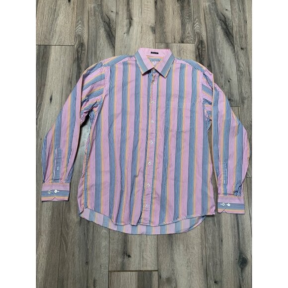 Bugatchi Men’s Xl No Tag Classic Fit Shirt Cotton Button-up Stripe Pink Blue Ora - Picture 1 of 4